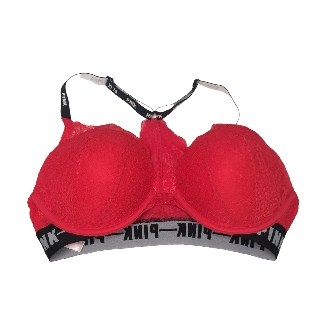 Victoria’s Secret PINK Red Black Lace Push-up Bra Size 34D